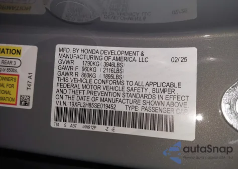 2025 Honda Civic Sedan Sport from USA, damaged, VIN 19XFL2H85SE019452